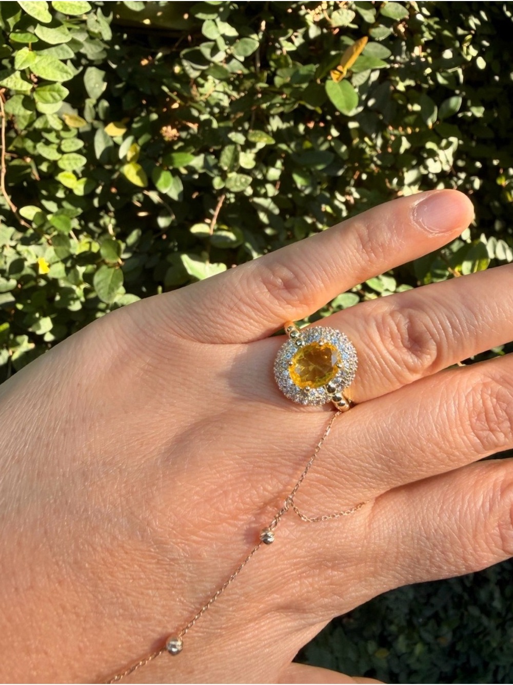 Gold Ring with Yellow Gemstone and Halo Accent - Picture 5 of 6